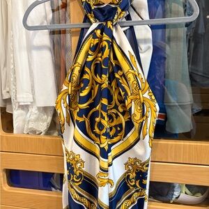 Cache Blue and Gold Patterned blouse with banded waist size M